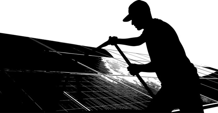 A stark silhouette of a worker in a cap diligently cleaning or maintaining a large array of solar energy panels.