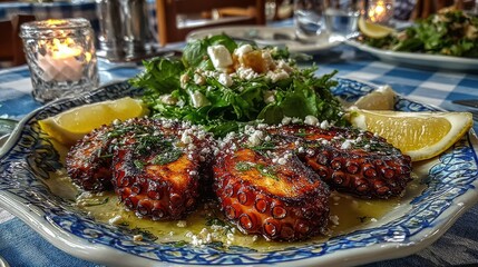 Obraz premium Tender Greek grilled octopus charred over coals, drizzled with olive oil, lemon juice, and oregano, served simply with fresh greens or potatoes for authentic island flavor.