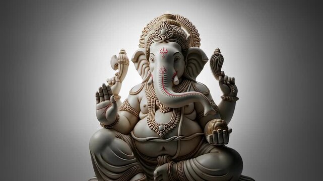 A monochrome marble statue of lord ganesha, the hindu god of beginnings, radiating timeless wisdom and serenity on a pedestal, isolated on white background