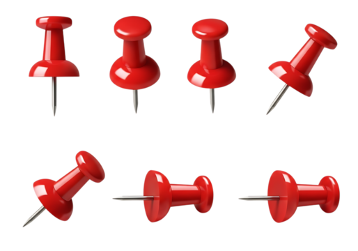 Collection of red pushpins isolated on transparent background in various angles