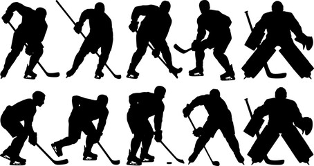 Obraz premium Silhouettes of ice hockey players in various dynamic action poses, including skaters and a goalie, showcasing the fast-paced nature of the sport.