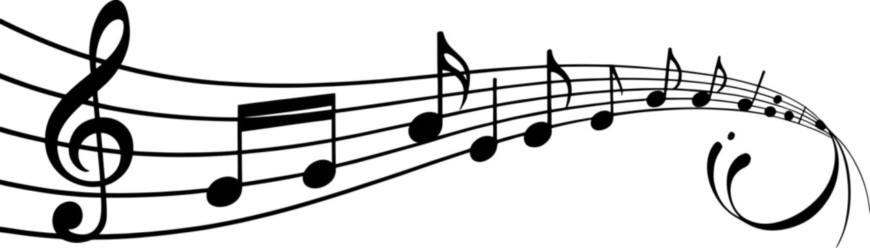 A black and white illustration of a flowing musical staff with various notes and a treble clef, ending in a decorative swirl.