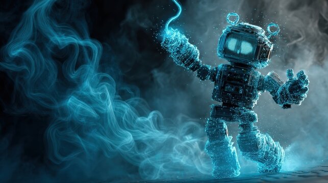 Robot Character Glowing With Electric Energy in a Dark Environment Surrounded by Swirling Blue Particles