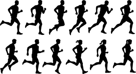 A grid of black silhouettes showcasing diverse male and female figures in various running and jogging postures.