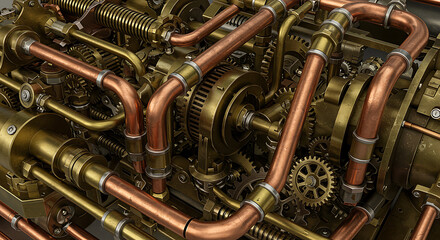 Intricate steampunk engine gears and copper pipes create a complex, vintage machinery aesthetic for industrial themes.