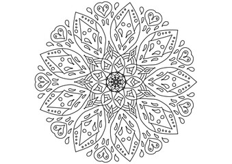 Hand-drawn Mandala Flower with Boho Peace Symbol, Black and White Line Art