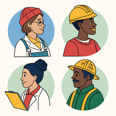 Cartoon illustration of a group of construction workers wearing helmets and hardhats in a professional work setting