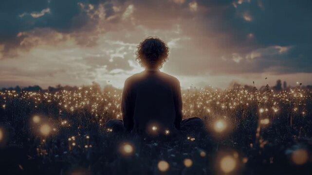 A person sits peacefully in a field of glowing plants under a twilight sky