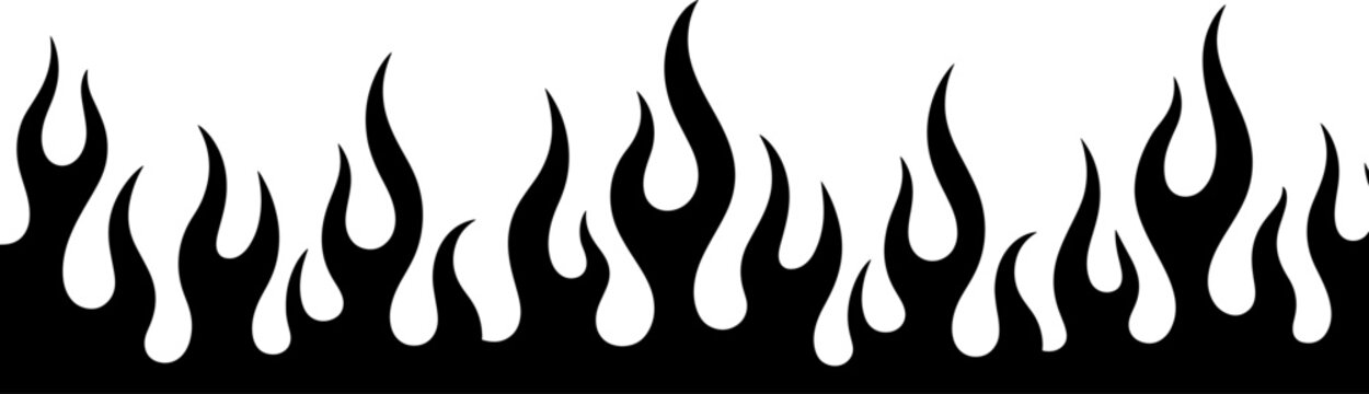 A graphic design featuring a continuous pattern of stylized black flames against a plain white background, creating a fiery border.