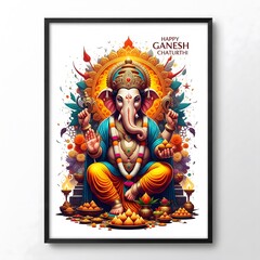 Obraz premium Lord Ganesha seated in ornate throne with offerings and festive decorations Hindu god