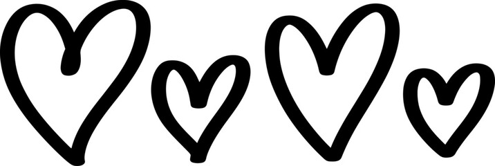 A row of four charming hand-drawn black outline hearts on a clean white background, each with a unique doodle style.