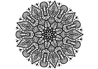 Hand-drawn Mandala Flower with Boho Peace Symbol, Black and White Line Art