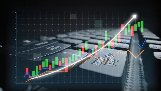 A close-up view of a computer keyboard with vibrant stock market graphs and trends, symbolizing financial growth, analysis, and investment strategy in a digital workspace. Copula