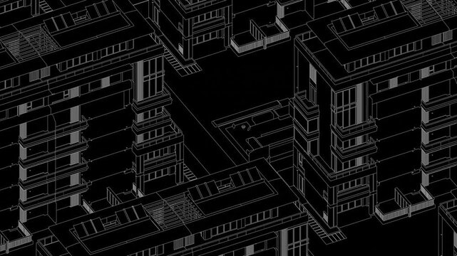 Animation of a Generic Apartment Building with solar panels on top, Seamless Looped Animation, 3D Linework rendering, Black