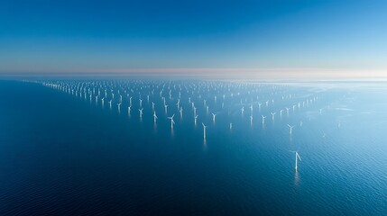 Aerial view of a large offshore wind farm with rows of turbines in the blue ocean water under clear sky