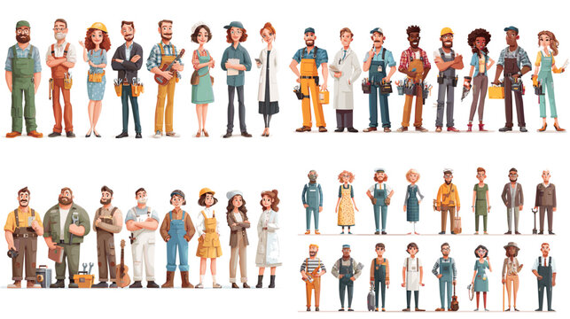 Illustrated set of professional characters in different occupations including builders, doctors, chefs, and engineers in a stylized design.