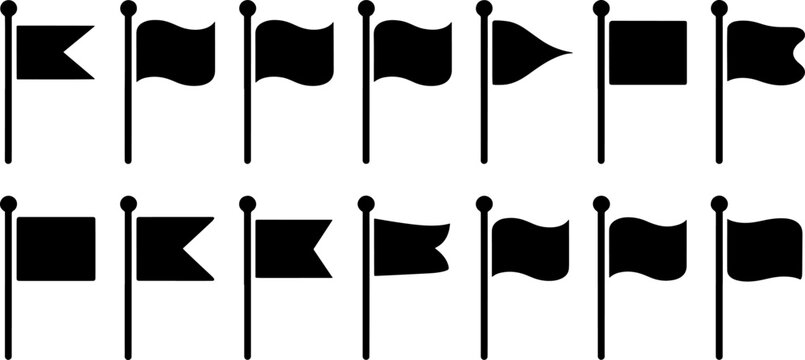 A diverse set of black flag icons on poles, illustrating various shapes and dynamic waving patterns.