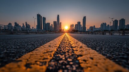 A futuristic city is approached via a wide road featuring double yellow lines creating a remarkable entrance for visitors and residents alike