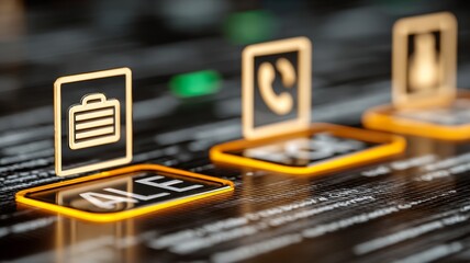 Three square floating buttons with icons labeled ALE, featuring travel luggage and phone symbols,