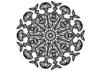 Hand-drawn Mandala Flower with Boho Peace Symbol, Black and White Line Art