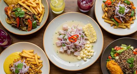 traditional peruvian food on a wooden table
