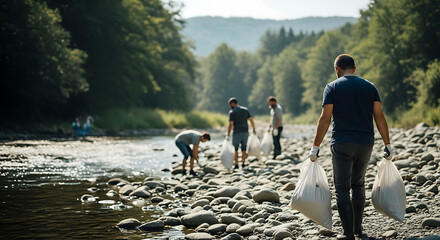 Collective environmental stewardship: Community volunteers cleansing a rocky riverbed amidst