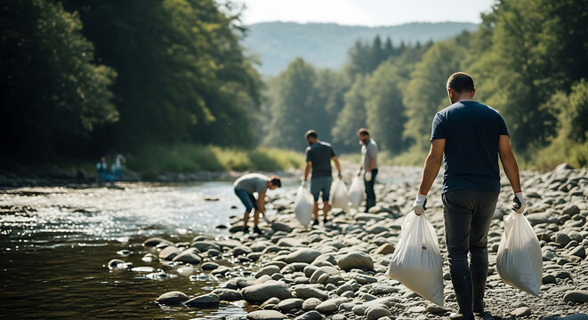 Collective environmental stewardship: Community volunteers cleansing a rocky riverbed amidst