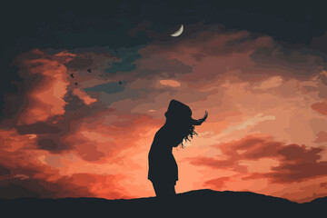 Silhouette Girl at Sunset with Crescent Moon   Dreamy Sky Aesthetic Vector © Ahmad