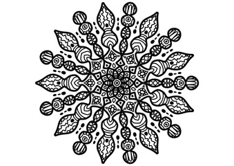 Hand-drawn Mandala Flower with Boho Peace Symbol, Black and White Line Art