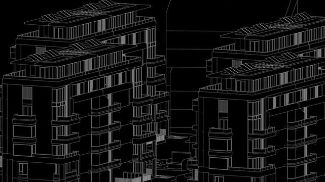 Animation of a Generic Apartment Building with solar panels on top, Seamless Looped Animation, 3D Linework rendering, Black