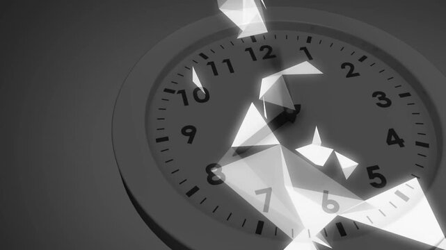Glowing dot appearing on minute hand spawning polygon shards swirling and showing time passage
