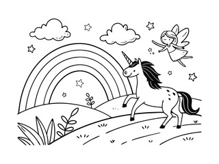 Unicorn and Fairy Rainbow Coloring Page
