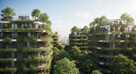 Verdant Urban Oasis: Eco-Friendly Apartment Buildings Cascading with Greenery