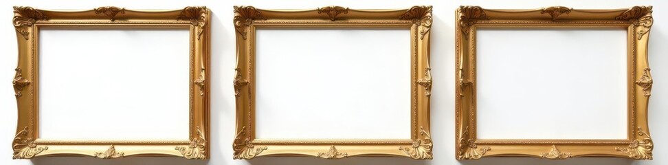 Three gilded picture frames, pristine white backdrop , image, frames