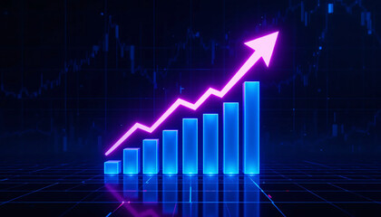 Futuristic Bar Graph with Glowing Pink Arrow Indicating Financial Growth, Digital Business Success, and Positive Market Trends on Dark Background