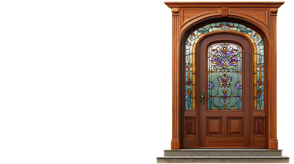 Obraz premium Home door with decorative stained glass window background isolated on a Transparent background, PNG file.