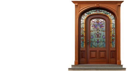 Home door with decorative stained glass window background isolated on a Transparent background, PNG file.