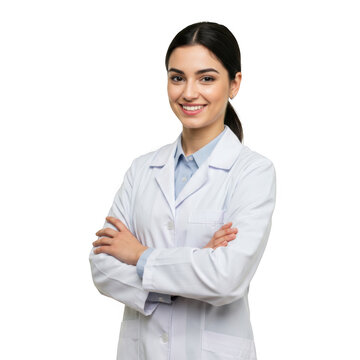 Smiling young woman wearing a white lab coat with arms crossed professional medical attire isolated on transparent background