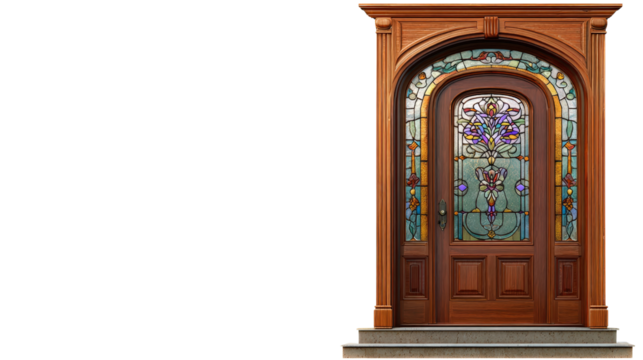 Home door with decorative stained glass window background isolated on a Transparent background, PNG file.