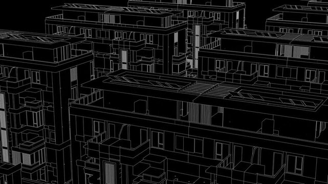 Animation of a Generic Apartment Building with solar panels on top, Seamless Looped Animation, 3D Linework rendering, Black