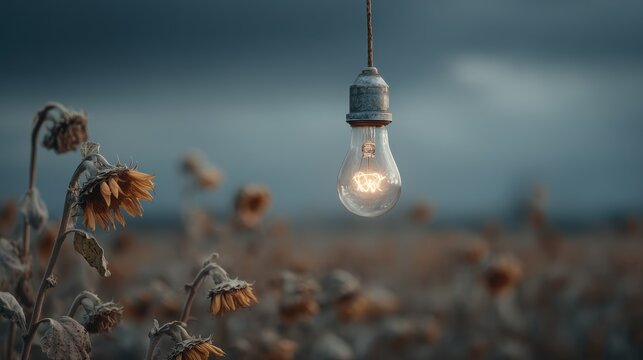Ethereal lightbulb floating over wilting sunflowers symbolizing renewable energy urgency and sustainability.