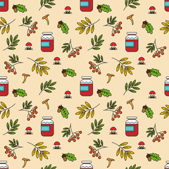Seamless pattern of autumn leaves, rowan, acorns, mashrooms and jam jars. Cozy fall colors. Vector illustration on beige background.For gift paper, wrapping,covers,textile, backgrounds,banners etc. 