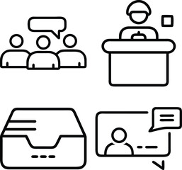 Four simple line art icons depicting a group discussion, a presenter at a podium, an inbox tray, and a video call with speech bubbles.