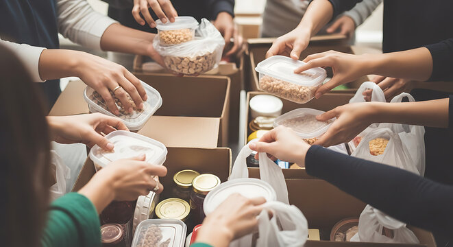 Volunteers preparing food donations assembling care packages for distribution, spreading - Powered by Adobe