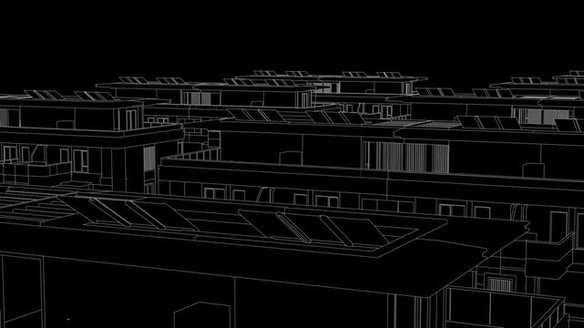 Animation of a Generic Apartment Building with solar panels on top, Seamless Looped Animation, 3D Linework rendering, Black