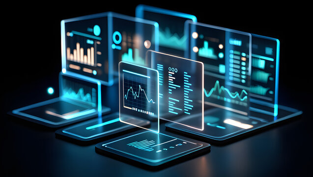 Futuristic digital interface with glowing blue charts and data on black background technology