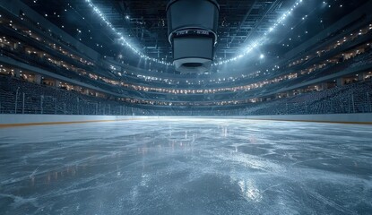 Empty arena showcasing a stunning cinematic view of an ice hockey rink located within a modern stadium setting designed for high-energy sports events