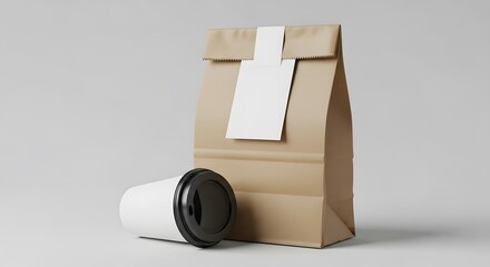A minimalist mockup of a brown paper takeout bag with a blank label and a coffee cup.