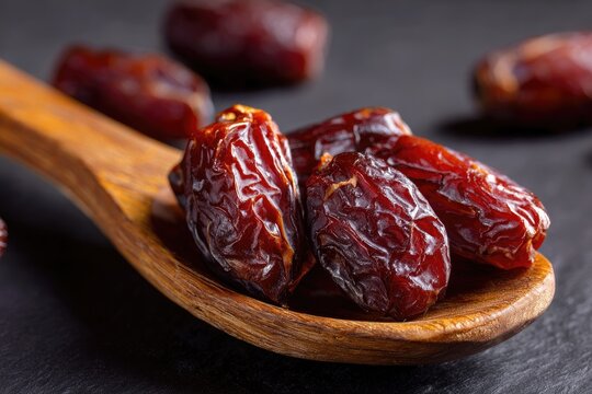 A wooden spoon holds several dark-red, pitted dates; others scatter nearby on a dark surface
