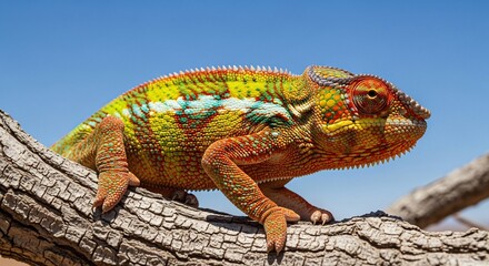 Obraz premium Vibrant Panther Chameleon Perched on Branch Against Clear Blue Sky